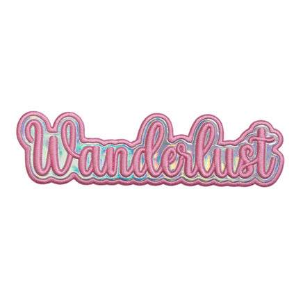Colorful 'Wanderlust' text on a mother of pearl background