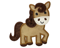 Embroidered patch of a cute brown horse with a dark brown mane 
