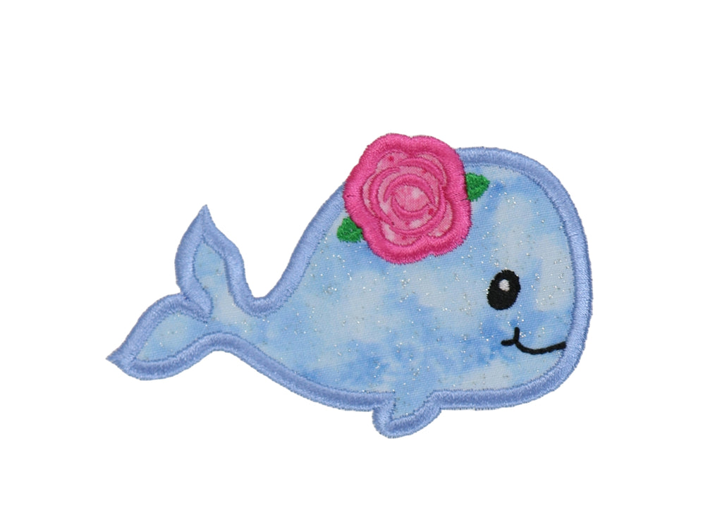 Cute Whale with Rose Sew or Iron on Patch - Sew Lucky Embroidery