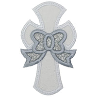 Pretty Cross Patch with Bow Custom Two-Color Embroidered Christian Patch for Girls Baptism, Bags, or Clothing Iron-On or Sew-On - Sew Lucky Embroidery