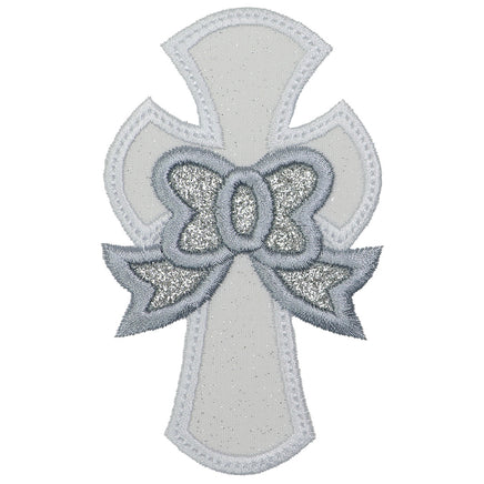 Pretty Cross Patch with Bow Custom Two-Color Embroidered Christian Patch for Girls Baptism, Bags, or Clothing Iron-On or Sew-On - Sew Lucky Embroidery