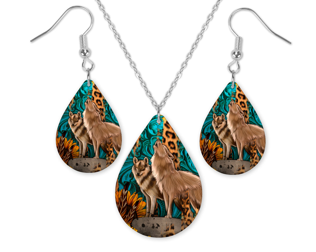 Wolves Teardrop Earrings and Necklace Set - Sew Lucky Embroidery