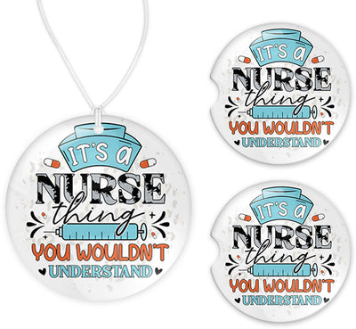 A Nurse Thing Car Charm and set of 2 Sandstone Car Coasters