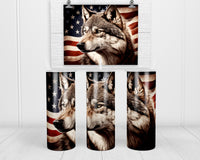 American Flag Wolf 20 oz insulated tumbler with lid and straw - Sew Lucky Embroidery