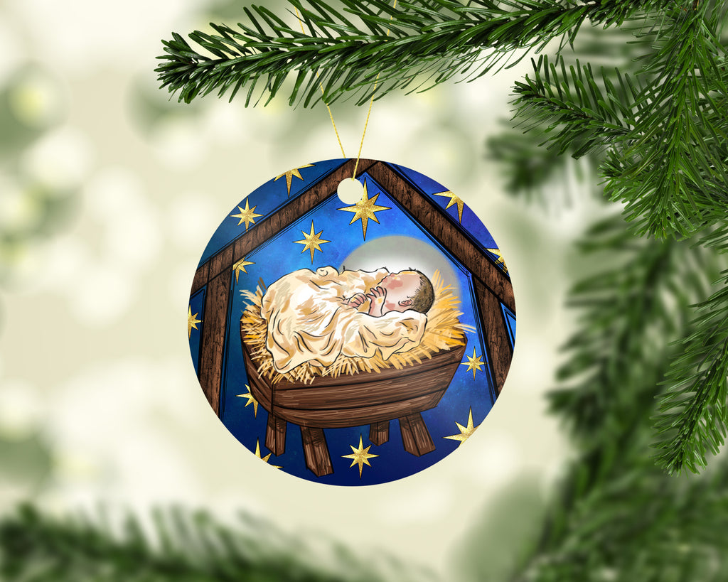 Baby Jesus in a Manger Aluminum Christmas Tree Double Sided Ornament - Sew Lucky Embroidery