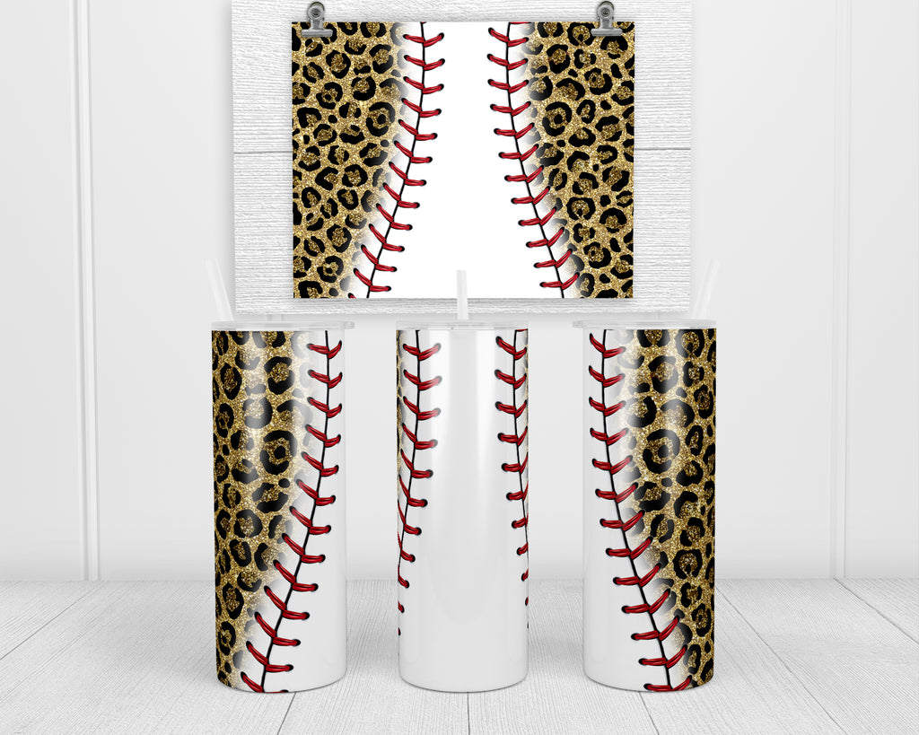 Baseball Gold Leopard 20 oz insulated tumbler with lid and straw - Sew Lucky Embroidery