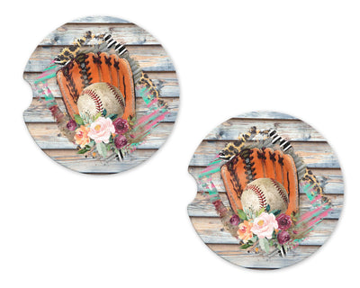 Baseball Glove Floral Sandstone Car Coasters (Set of Two)