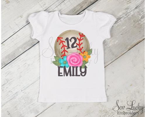 Baseball Flowers Girls Shirt - Sew Lucky Embroidery