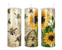 Beehive Sunflowers 20 oz insulated tumbler with lid and straw - Sew Lucky Embroidery