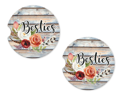 Besties on Wood Sandstone Car Coasters (Set of Two)