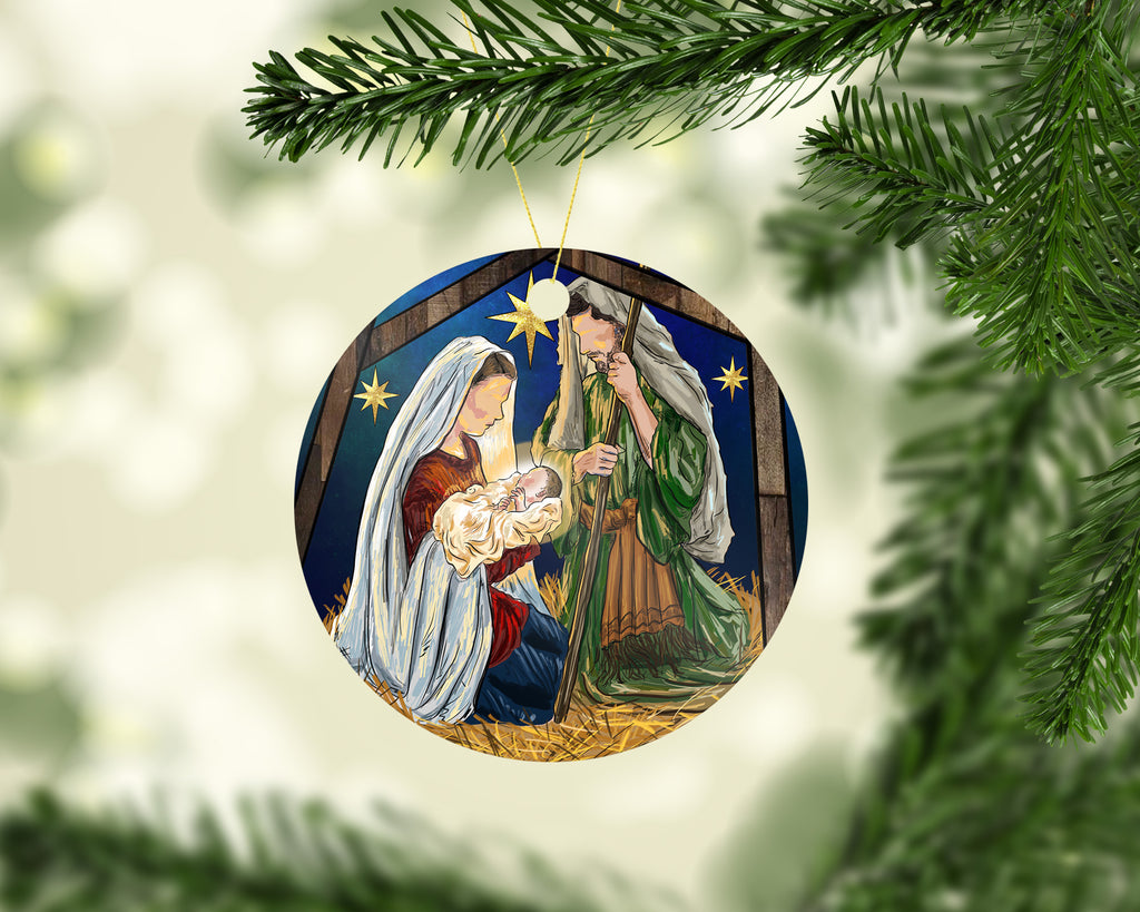 Birth of Baby Jesus Aluminum Christmas Tree Double Sided Ornament - Sew Lucky Embroidery