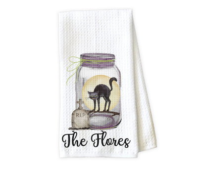 Black Cat in a Mason Jar Personalized Waffle Weave Microfiber Kitchen Towel