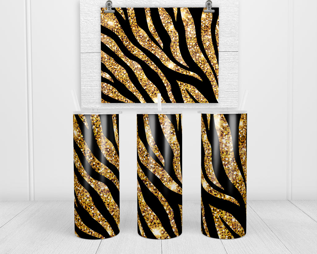 Black and Gold Zebra 20 oz insulated tumbler with lid and straw - Sew Lucky Embroidery