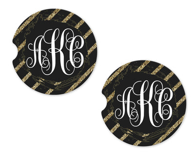 Black and Gold Glitter Stripes Personalized Sandstone Car Coasters (Set of Two)