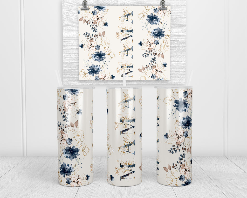 Blue Floral Mama 20 oz insulated tumbler with lid and straw - Sew Lucky Embroidery