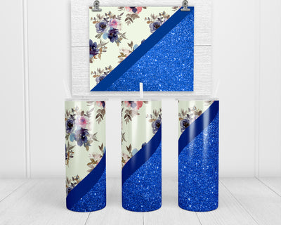 Blue Glitter and Floral 20 oz insulated tumbler with lid and straw