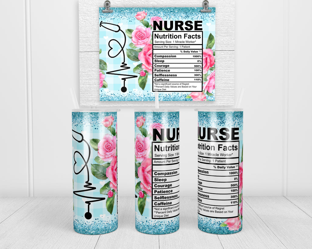 Blue Nurse Nutrition Facts 20 oz insulated tumbler with lid and straw - Sew Lucky Embroidery