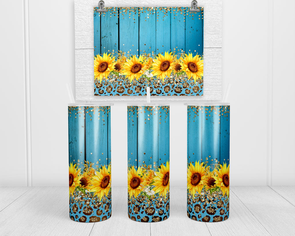 Blue Wood Sunflower 20 oz insulated tumbler with lid and straw - Sew Lucky Embroidery