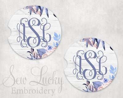 Blue Floral Sandstone Car Coasters (Set of Two)