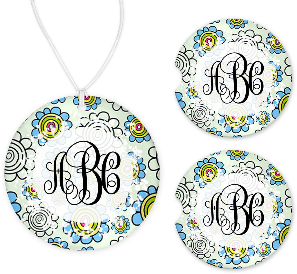 Blue and Green Floral Personalized Car Charm and set of 2 Sandstone Car Coasters - Sew Lucky Embroidery