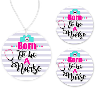 Born to Be a Nurse Purple Stripes Car Charm and set of 2 Sandstone Car Coasters