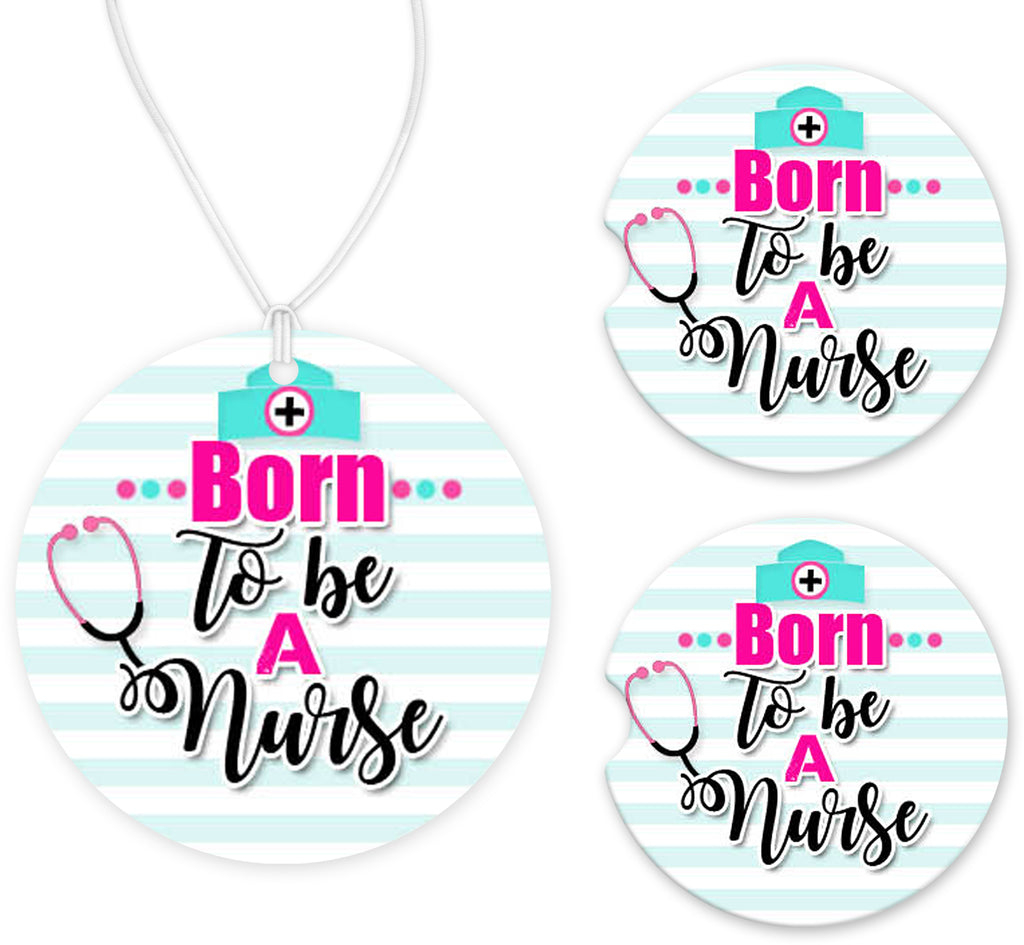 Born to Be a Nurse Teal Stripes Car Charm and set of 2 Sandstone Car Coasters - Sew Lucky Embroidery