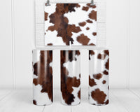 Brown and White Cowhide 20 oz insulated tumbler with lid and straw - Sew Lucky Embroidery