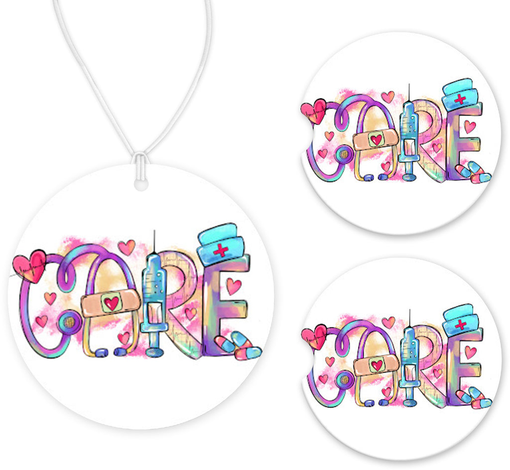 Care Nurse Car Charm and set of 2 Sandstone Car Coasters - Sew Lucky Embroidery