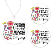 Change the World Nurse Car Charm and set of 2 Sandstone Car Coasters - Sew Lucky Embroidery