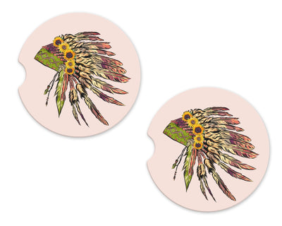 Chief Headdress Sandstone Car Coasters (Set of Two)