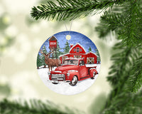 Red Christmas Truck Aluminum Double Sided Christmas Tree Ornament - Sew Lucky Embroidery