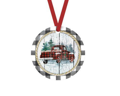 Christmas Truck Gray Buffalo Plaid Christmas Ornament