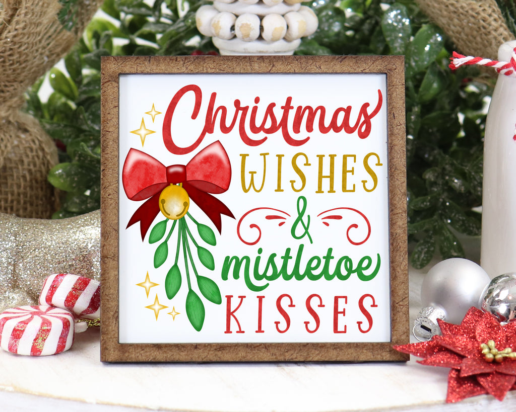 Christmas Wishes and Mistletoe Kisses Tier Tray Sign - Sew Lucky Embroidery