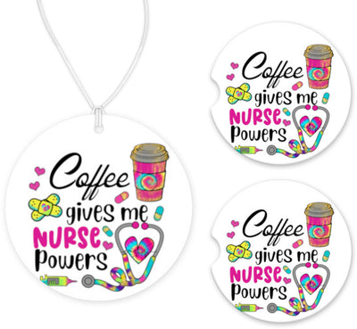 Coffee Nurse Powers Car Charm and set of 2 Sandstone Car Coasters
