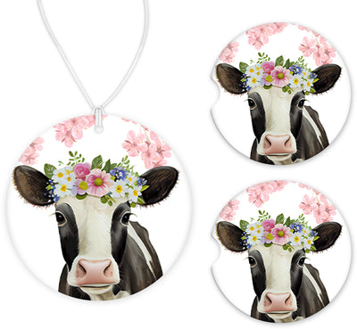 Colorful Floral Cow Car Charm and set of 2 Sandstone Car Coasters