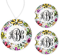 Colorful Floral Mongram Car Charm and set of 2 Sandstone Car Coasters - Sew Lucky Embroidery