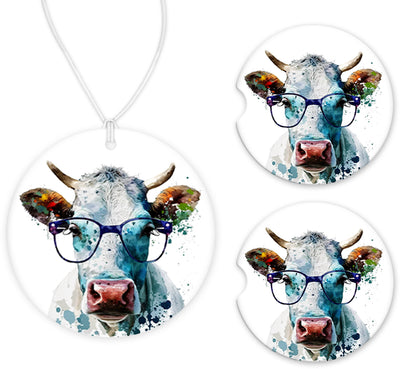 Colorful Watercolor Cow with Glasses Car Charm and set of 2 Sandstone Car Coasters