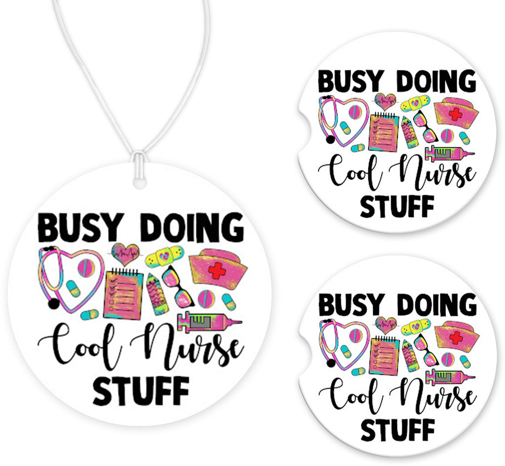 Cool Nurse Stuff Car Charm and set of 2 Sandstone Car Coasters - Sew Lucky Embroidery