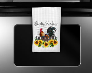 Country Farmhouse Rooster Waffle Weave Microfiber Kitchen Towel - Sew Lucky Embroidery