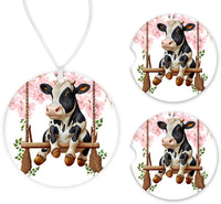 Cow on a Swing Car Charm and set of 2 Sandstone Car Coasters - Sew Lucky Embroidery