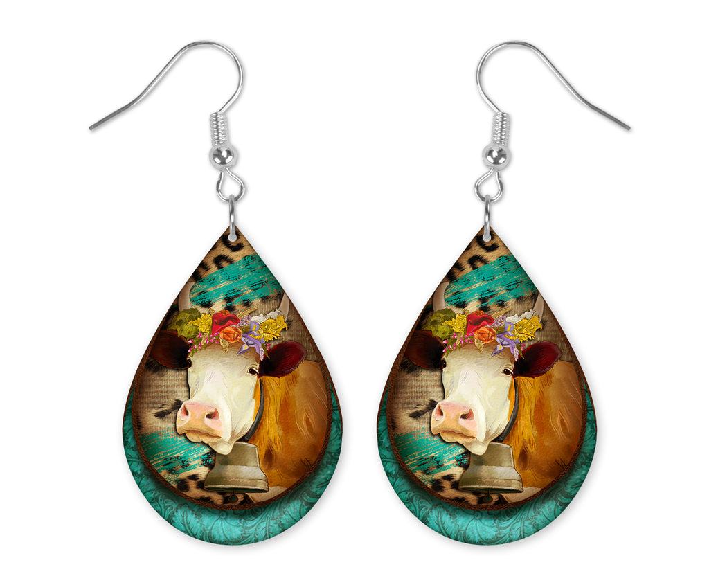 Cow with Teal and Leopard Teardrop Earrings - Sew Lucky Embroidery