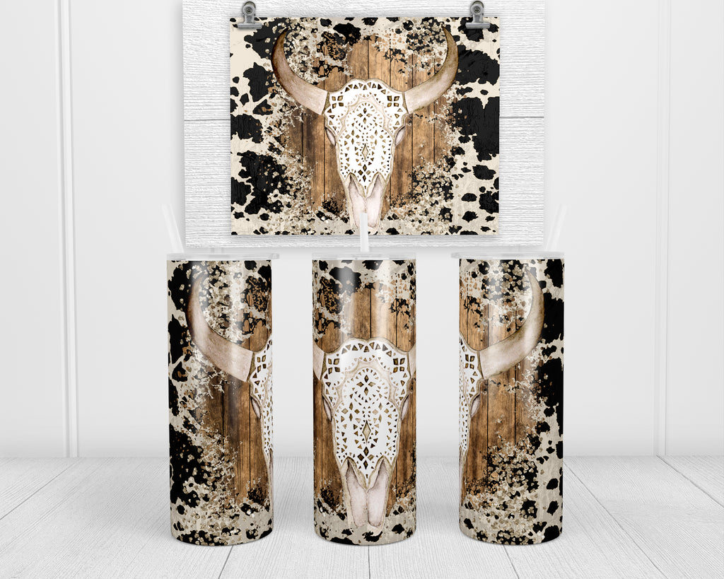 Cowgirl Bull Skull 20 oz insulated tumbler with lid and straw - Sew Lucky Embroidery