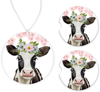 Cow with Pastel Flowers Car Charm and set of 2 Sandstone Car Coasters - Sew Lucky Embroidery