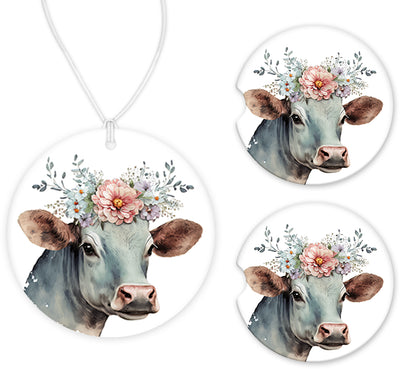 Cow with Pink  Flowers Car Charm and set of 2 Sandstone Car Coasters