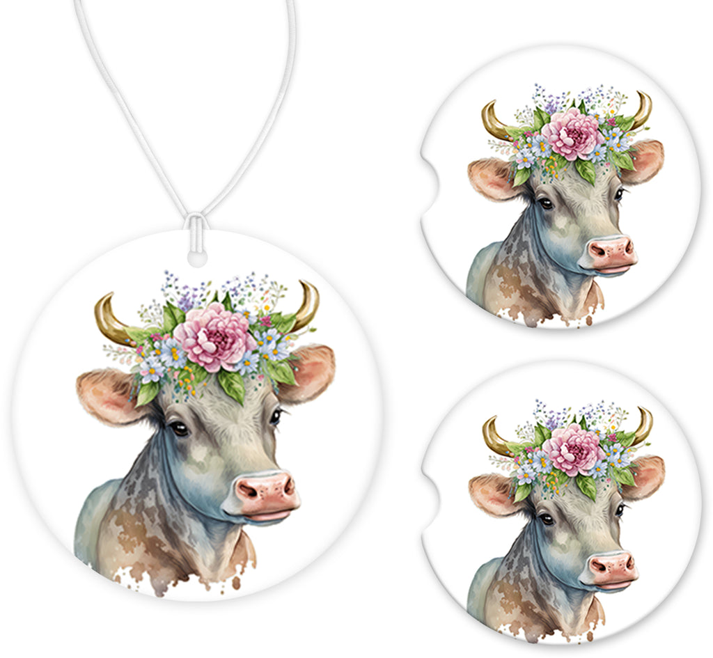Cow with Pink  Flowers and Horns Car Charm and set of 2 Sandstone Car Coasters - Sew Lucky Embroidery