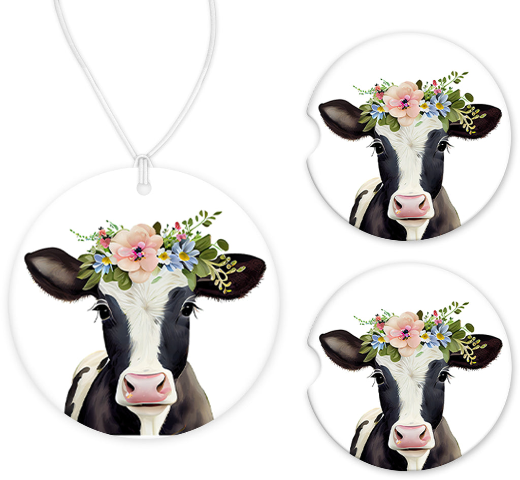 Cow with Pink  and Blue Flowers Car Charm and set of 2 Sandstone Car Coasters - Sew Lucky Embroidery