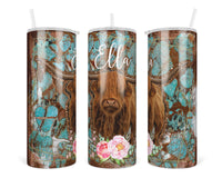 Cow with Pink Flowers Personalized 20oz insulated tumbler with lid and straw - Sew Lucky Embroidery