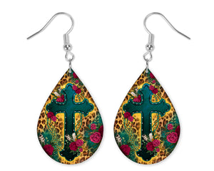 Cross with Leopard Print Teardrop Earrings - Sew Lucky Embroidery