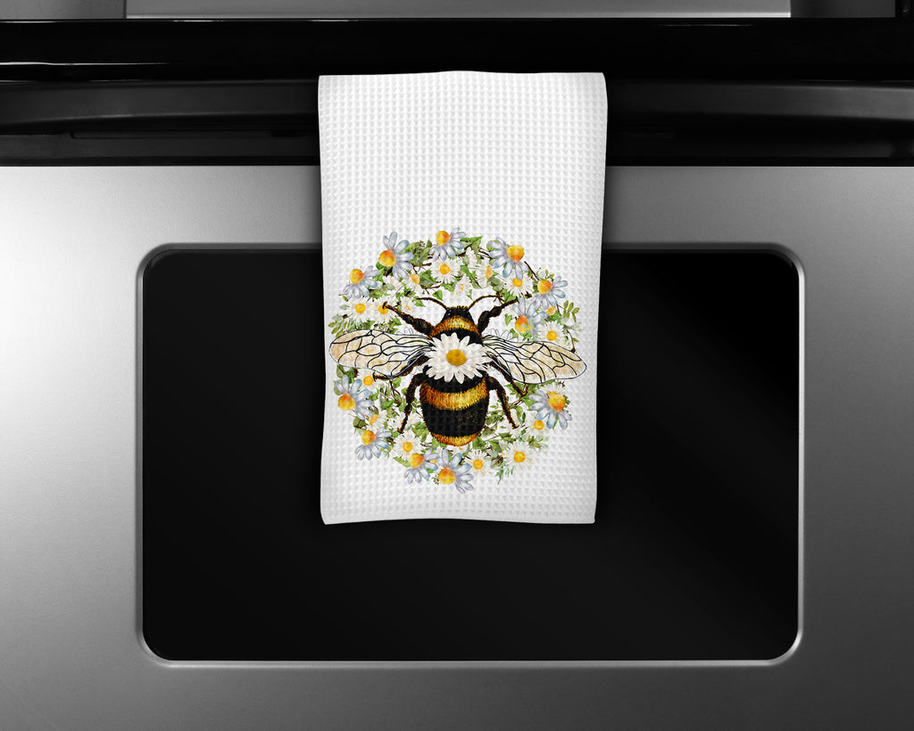 Daisy Bee Waffle Weave Microfiber Kitchen Towel - Sew Lucky Embroidery