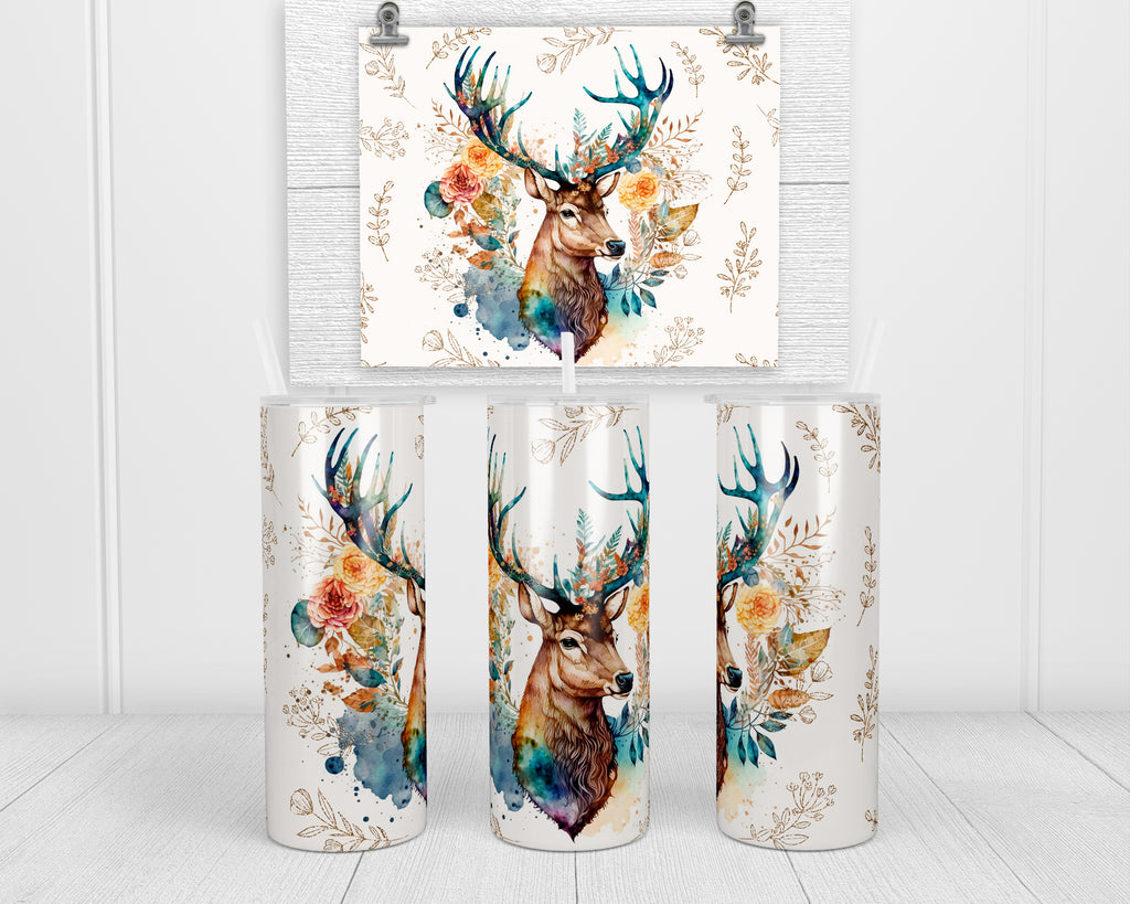 Deer Boho watercolor 20 oz insulated tumbler with lid and straw - Sew Lucky Embroidery